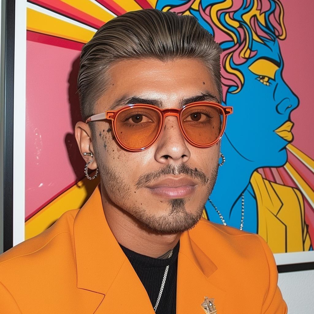 latino  man  orange  suit  sunglasses  portrait  vibrant  stylized  colorful  bold 973758