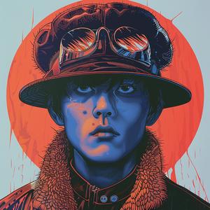 surreal  album  cover  man  hat  glasses  Risograph  Symbolist  hyper-realistic  screenprint 1077530