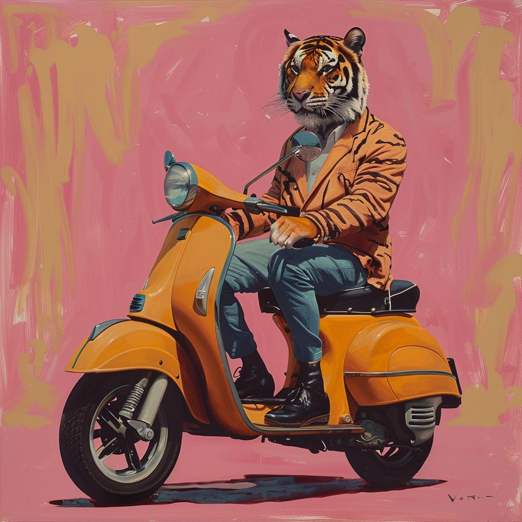 surreal  tiger  scooter  creative  album  cover  playful  colorful  whimsical  art 1017590