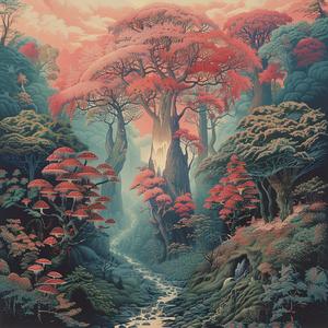 forest  red  trees  water  painting  nature  vibrant  landscape  colorful  chromolithography 1047522
