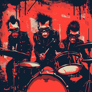 punk  monkeys  drums  red  background  block  printing  4K  performance  members 1077113