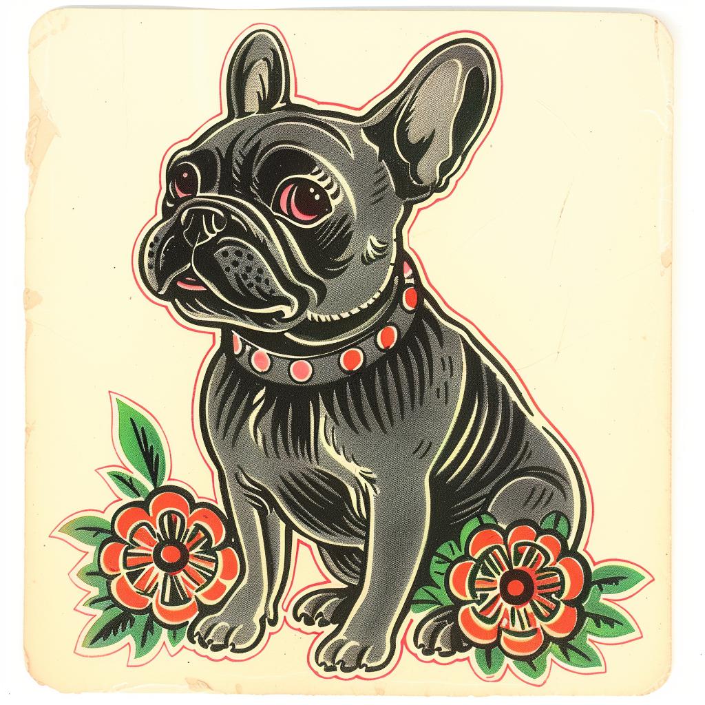 bulldog  sticker  white  background  pet  dog  flowers  red  collar  cute 943035