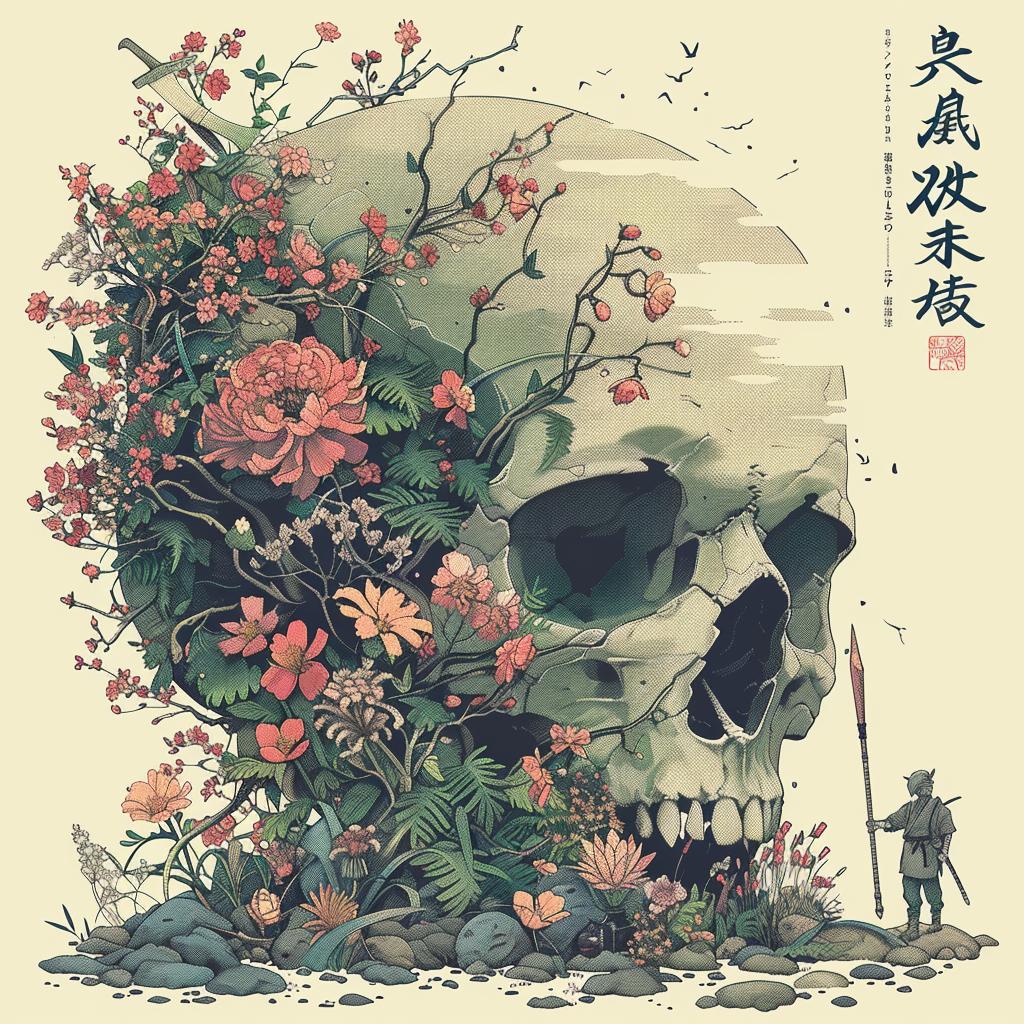 skull  plants  flowers  cluster  intertwined  Japanese  lettering  artwork  nature  macabre 1036283