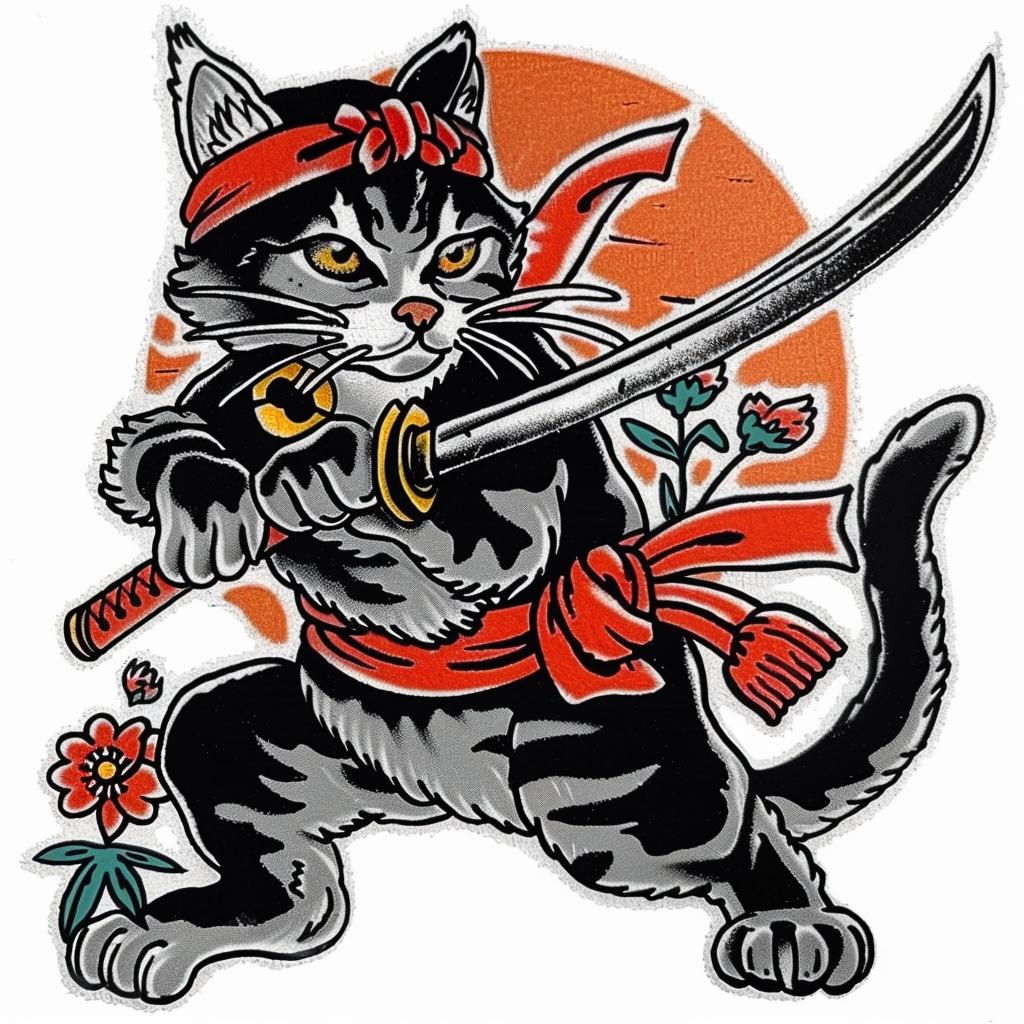 tattoo  cat  ninja  anthropomorphic  bold  garden  samurai  fullbody  detailed  design 928023