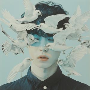 man  birds  surreal  album  cover  Risograph  symbolist  hyper-realistic  screenprinting  creative 1077853