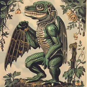 lizard  wings  fantasy  green  illustration  whimsical  chromolithography  nature  creature  colorful 1040840