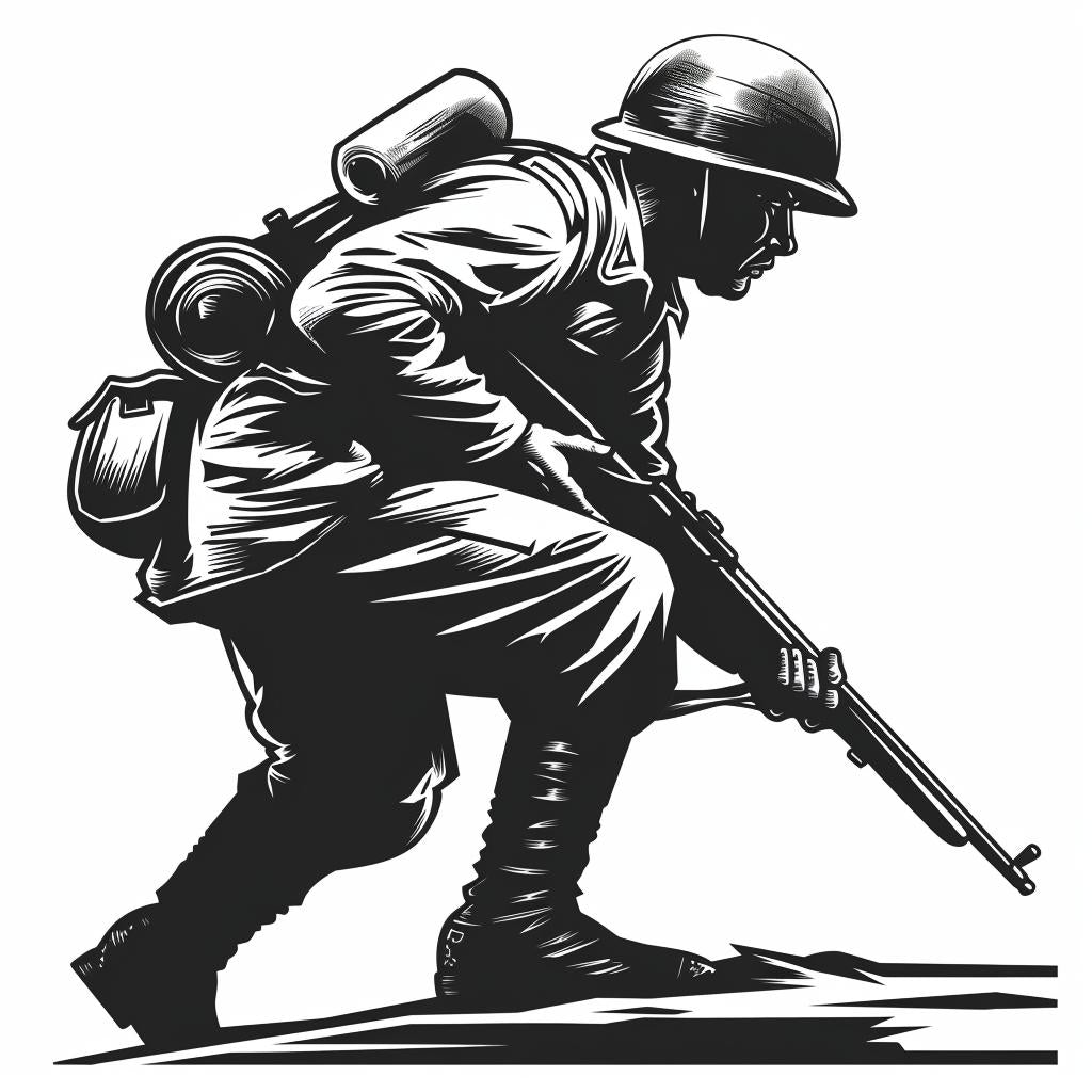 صورة ظلية لجندي من الحرب العالمية الأولى، أيقونة عتيقة، مخطط جريء، رسم توضيحي بالأبيض والأسود، بندقية 951991