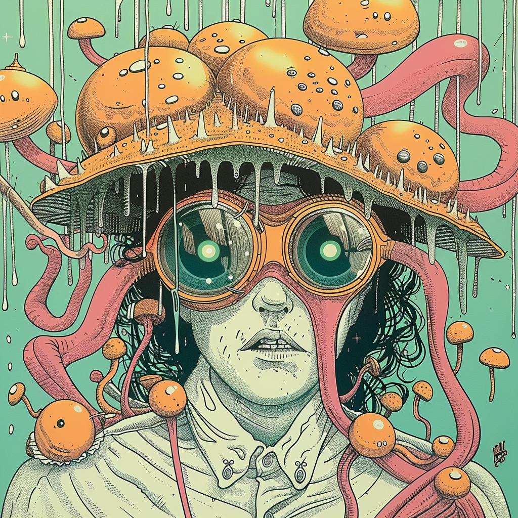man  hat  mushrooms  surreal  colorful  playful  illustration  whimsical  creative  conceptual 923720
