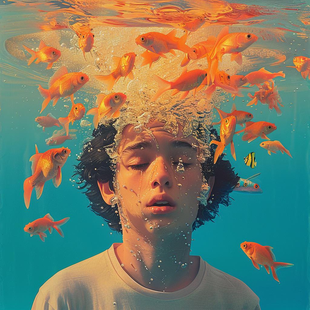boy  underwater  goldfish  fish  swimming  head  colorful  whimsical  playful  aquatic 1016756