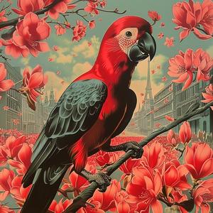 parrot  branch  flowers  chromolithography  colorful  avian  nature  tropical  vivid  art 1037813