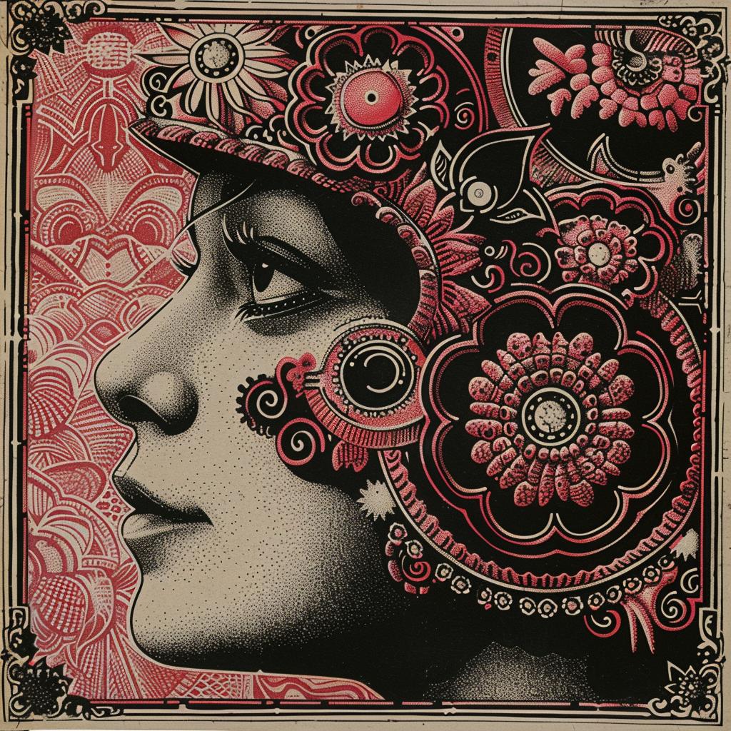 art  deco  woman  flower  red  Ukiyo-e  surreal  bold  colorful  headpiece 916302