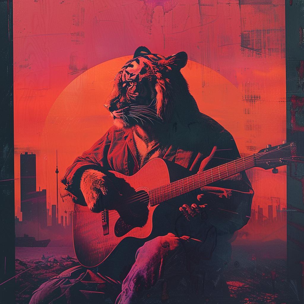 tiger  guitar  acoustic  sunset  anthropomorphic  normanrockwell  musical  colorful  playful  artwork 922064