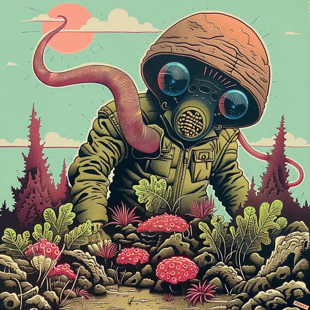 poster  gasmask  mushroom  surrealism  dark  anime  Japanese  illustration  fantasy  horror 946447