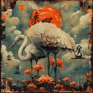 chromolithography  cranes  orange  sky  Japanese  art  graceful  nature  romantic  landscape 1040456