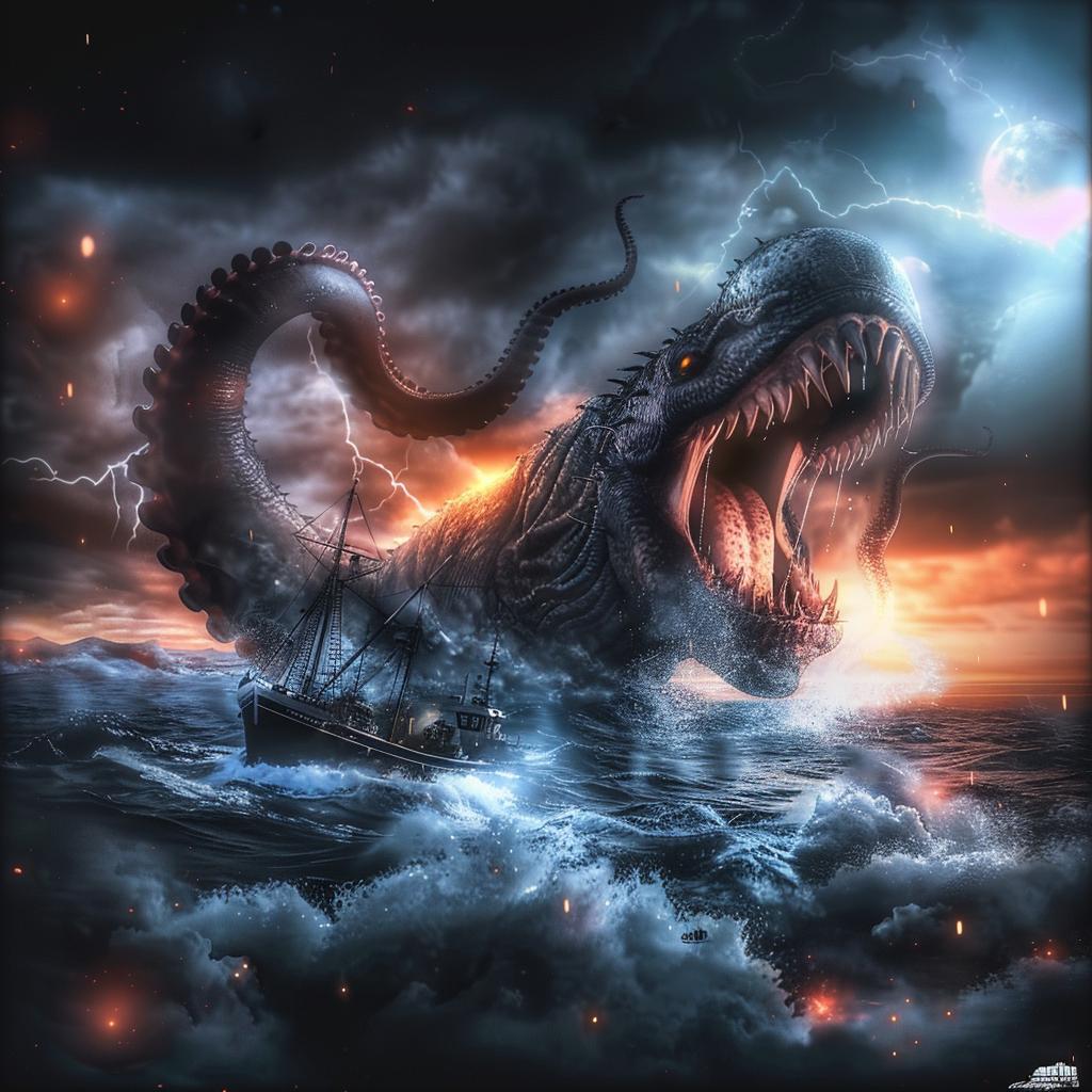 قارب صيد كراكن، وحش، هجوم بحري، رسم توضيحي، مخلوق خيالي، عميق، 1034402