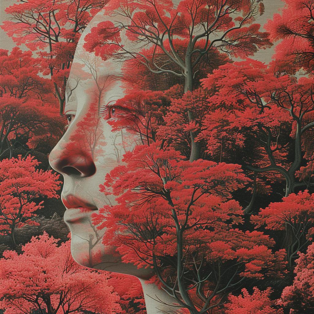 album  art  horror  woman  trees  background  red  Sandy  Skoglund  Risograph 1026556