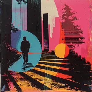 man  stairs  city  surreal  album  cover  Risograph  symbolist  hyper-realistic  painting 1079561