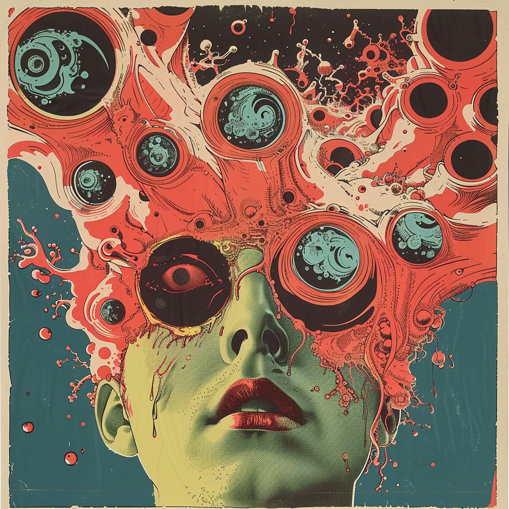 surreal  album  cover  hyper-realistic  screenprinting  Seymour  Chwast  woman  head  eyes 960597