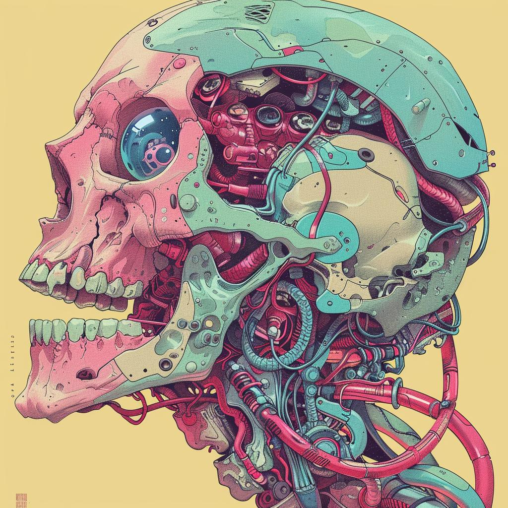 surreal  album  cover  skull  wires  tubes  hyper-realistic  screenprinting  Nychos  art 960916