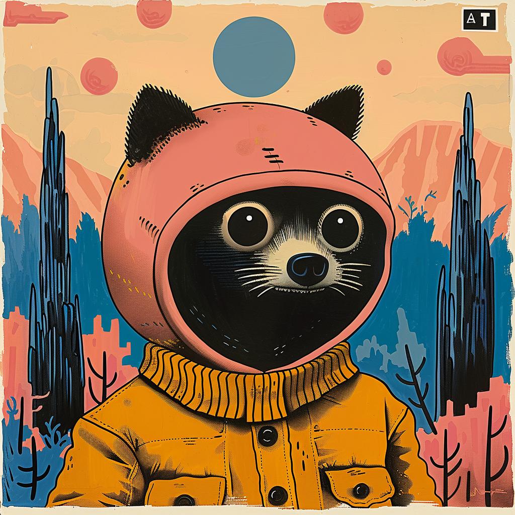 surreal  album  cover  cartoon  cat  space  suit  hat  colorful  whimsical 1018734