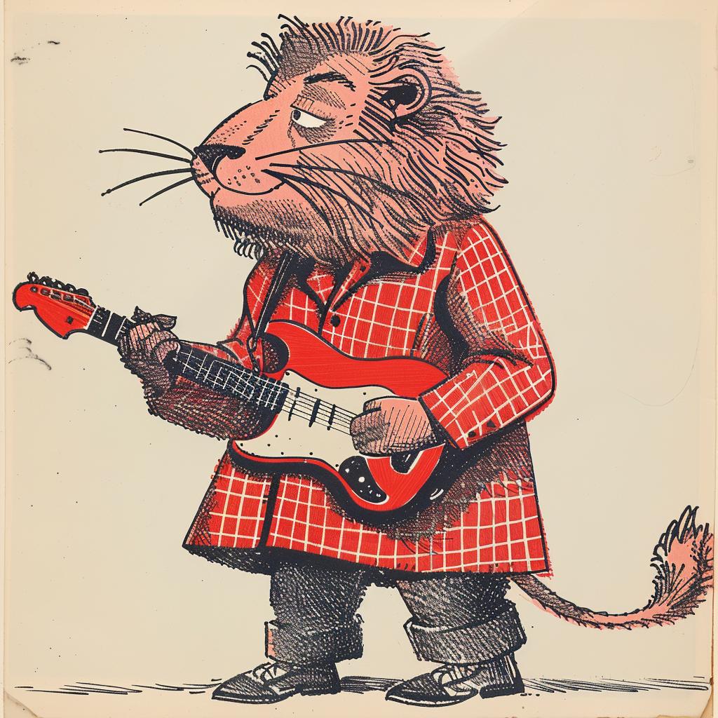 anthropomorphic  lion  guitar  Moebius  cartoon  music  performance  playful  colorful  art 922671