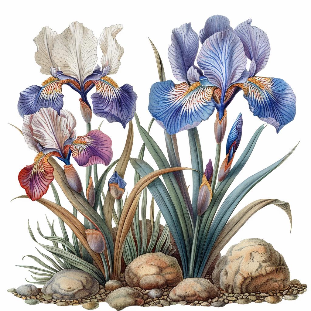 Illustration  Irises  Rocks  Painting  White  Background  Floral  Botanical  Artwork  Nature 971465