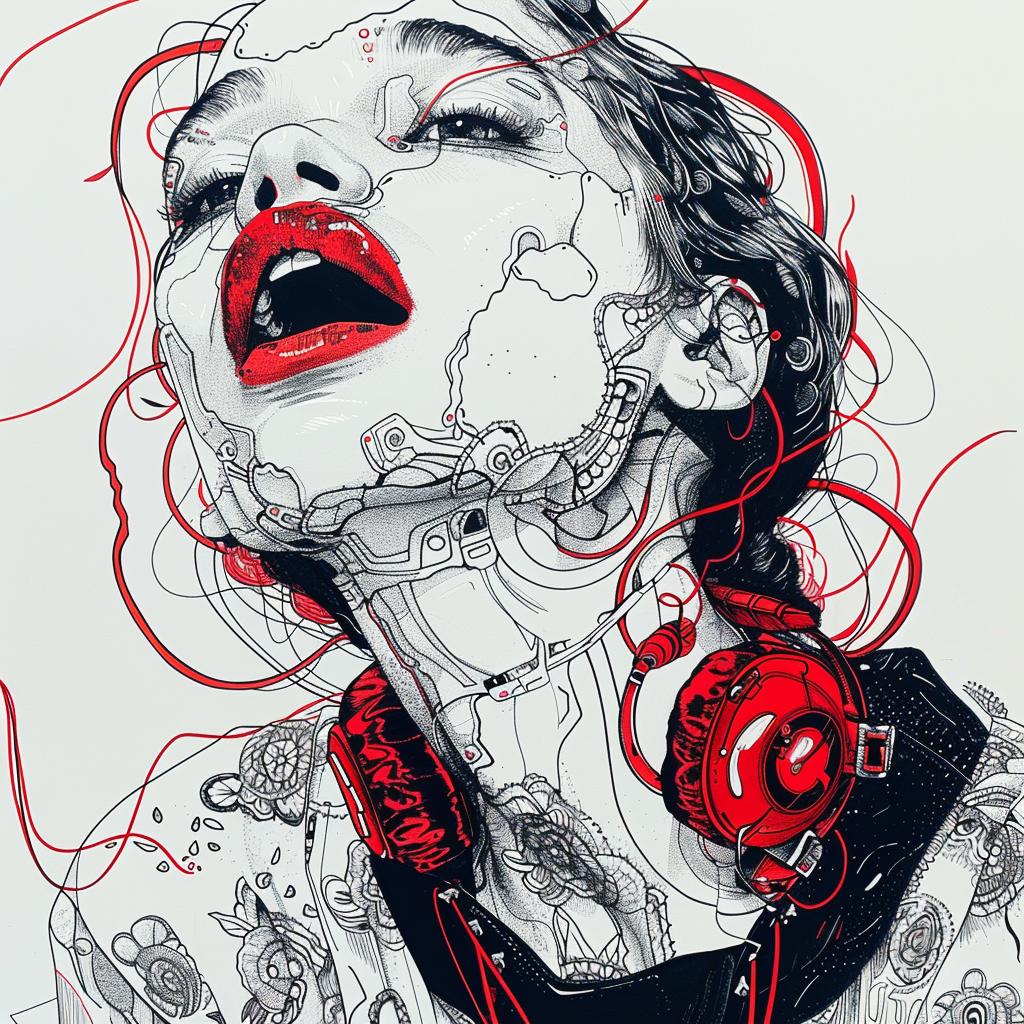 Cyborg  Drawing  Crying  Mechanical  Cyberpunk  Red  Headphones  Portrait  Art  Wires 944813