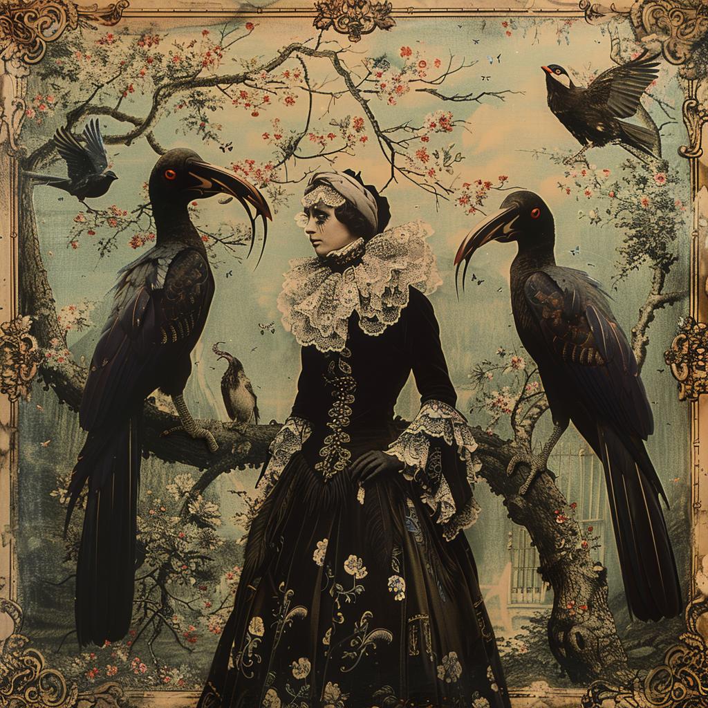 woman  dress  birds  chromolithography  elegant  colorful  whimsical  nature  portrait  vibrant 1035252