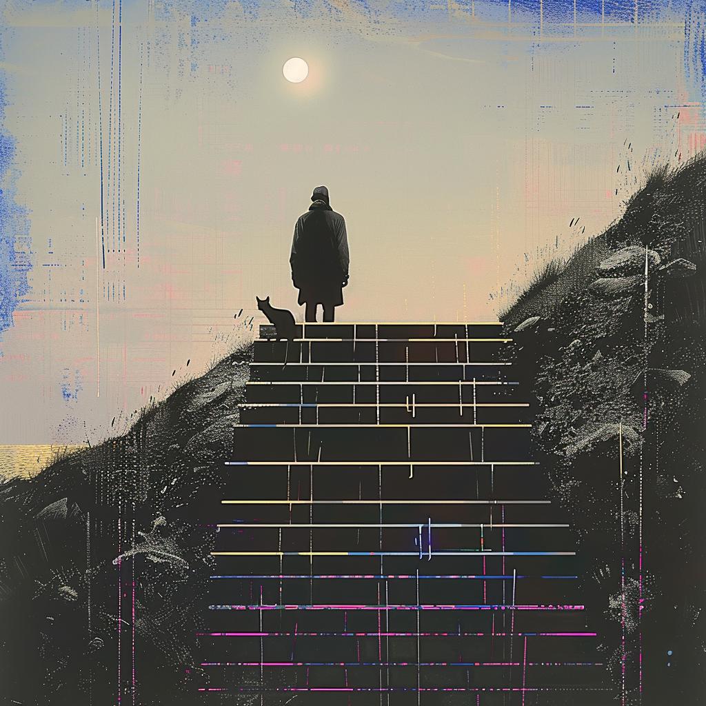 man  stairway  dog  quint  buchholz  painting  companionship  human  animal  scene 1020406