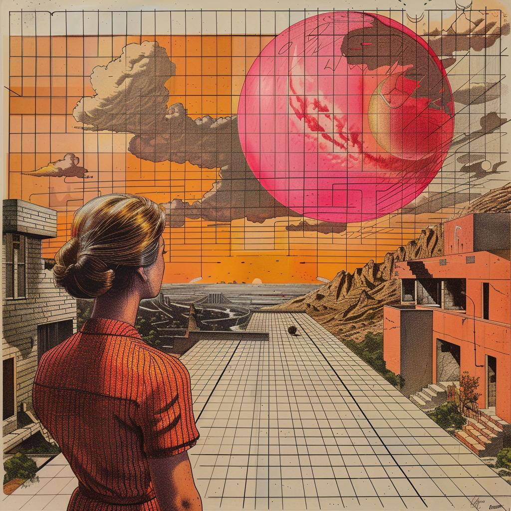 synthwave  1980s  album  cover  woman  pink  sky  building  background  vibrant 1035789