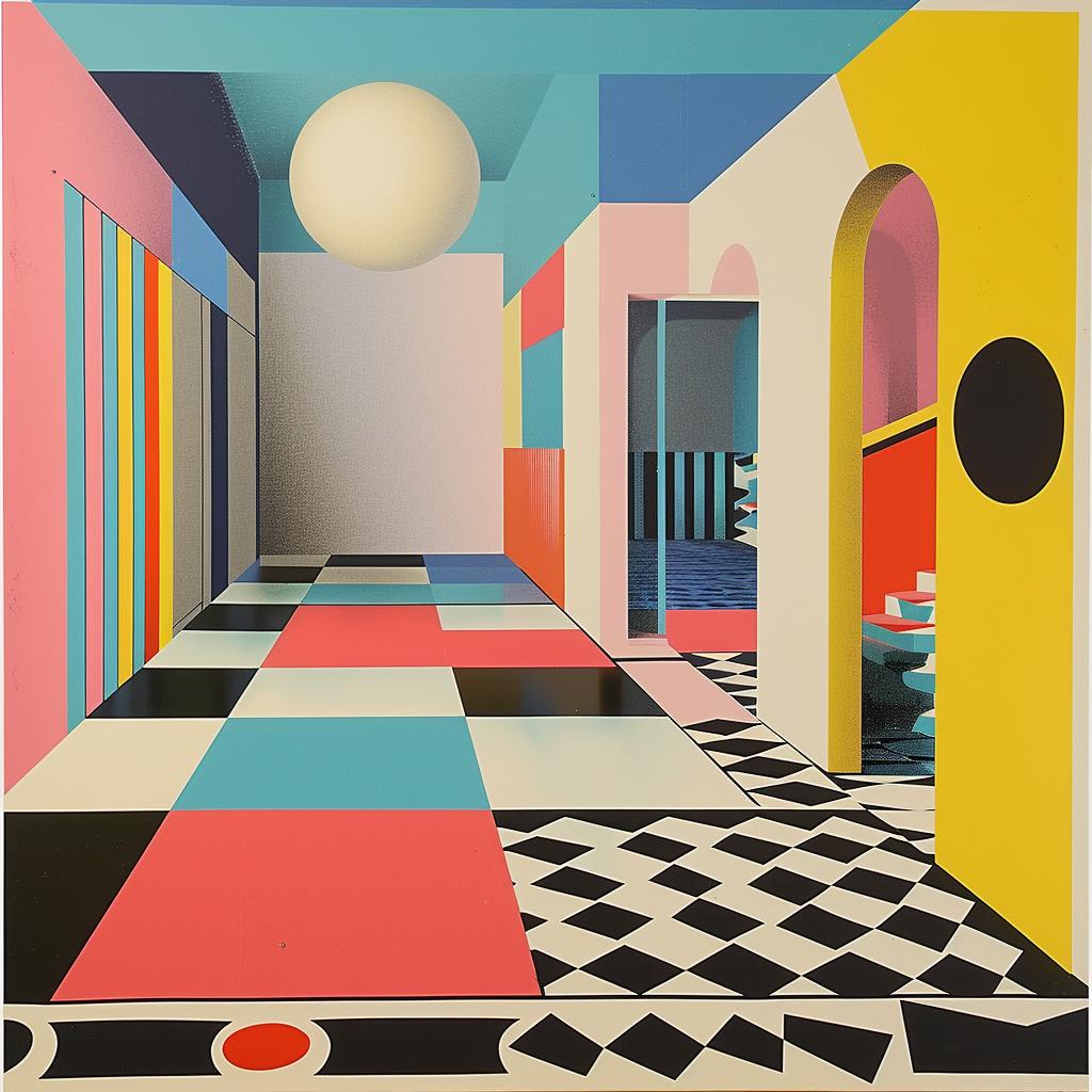 surreal  album  cover  hyper-realistic  screenprinting  Nathalie  Du  Pasquier  colorful  room  checkered 960466