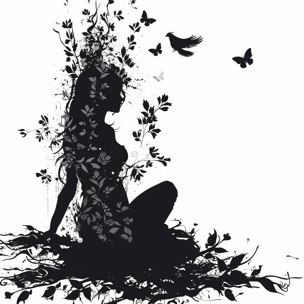 silhouette  goddess  ornate  flowers  butterflies  detailed  zen  white  background  connected 953971