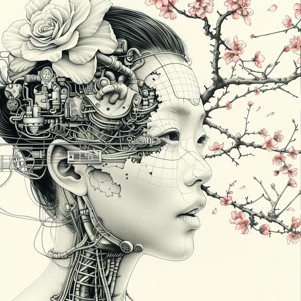 minimal  synthwave  album  cover  Ukiyo-e  robot  flowers  surreal  woman  head 916299