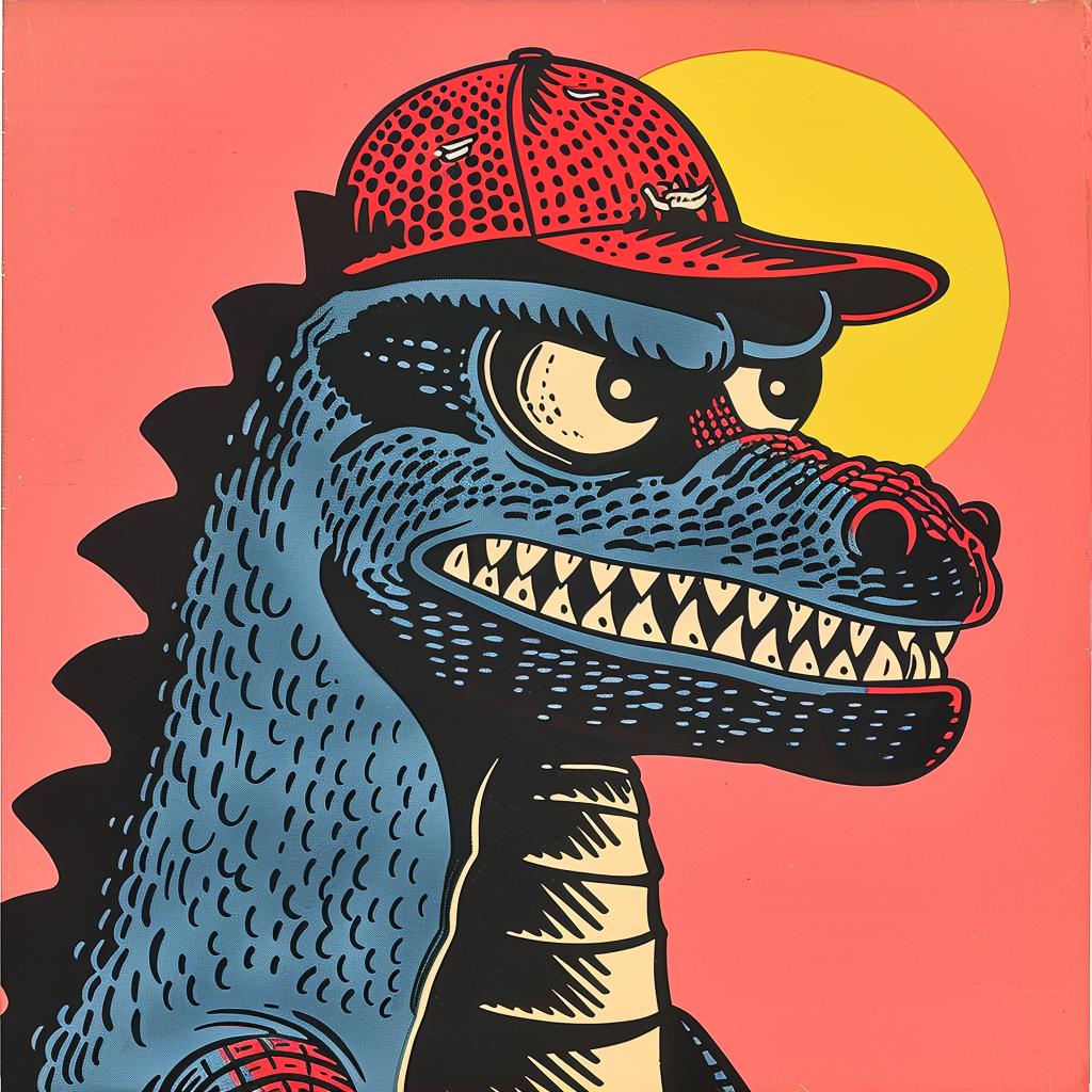 Godzilla  baseball  cap  comic  vibrant  portrait  Kirby  1950s  illustration  art 921607