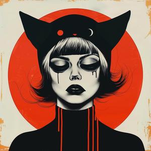 woman  black  cat  ears  red  circle  surreal  risograph  album  cover 1074774