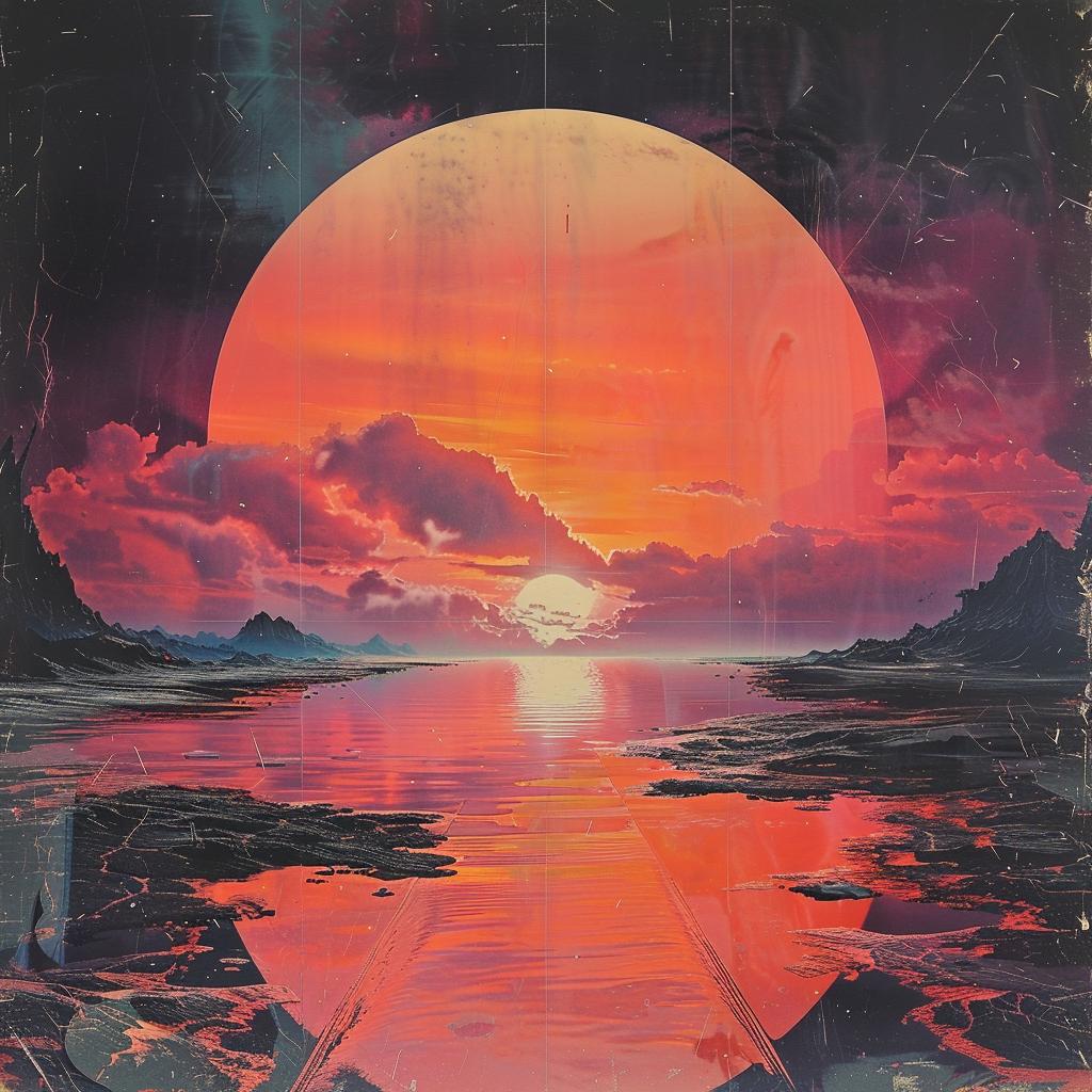album  cover  1980s  synthwave  electro  sunset  water  trippy  geometric  art 960812