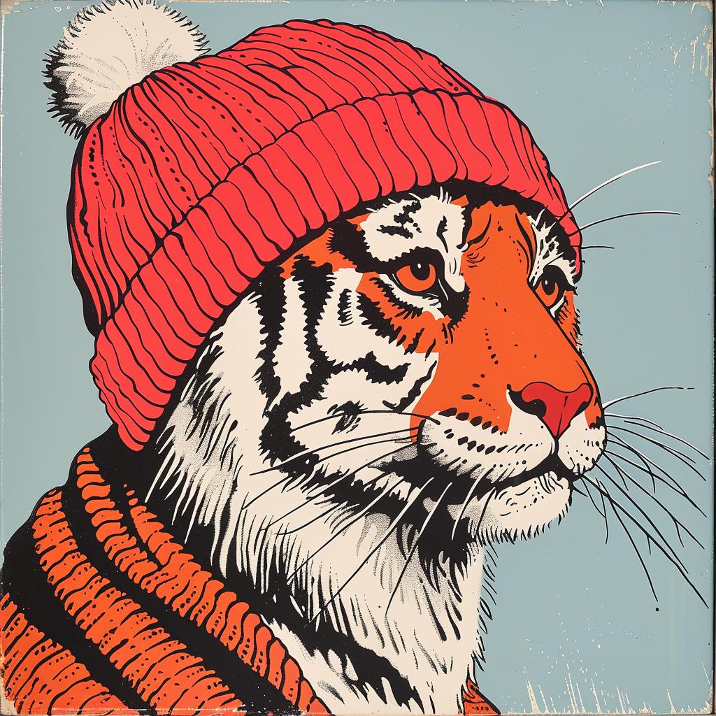 tiger  knit cap  Norman Rockwell  anthropomorphic  wearing  colorful  portrait  illustration  playful  charming 921837