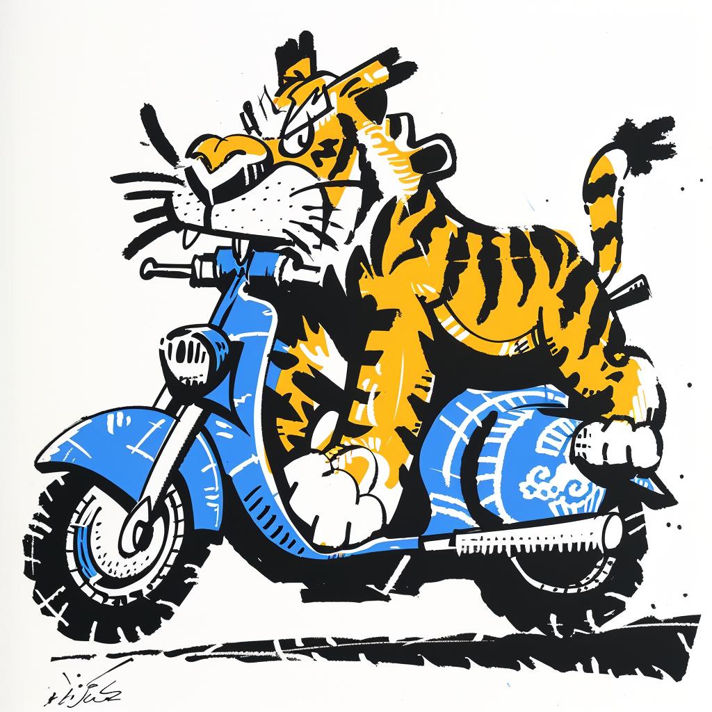 tiger  scooter  helmet  blue  cartoon  funny  animal  illustration  playful  whimsical 1028265