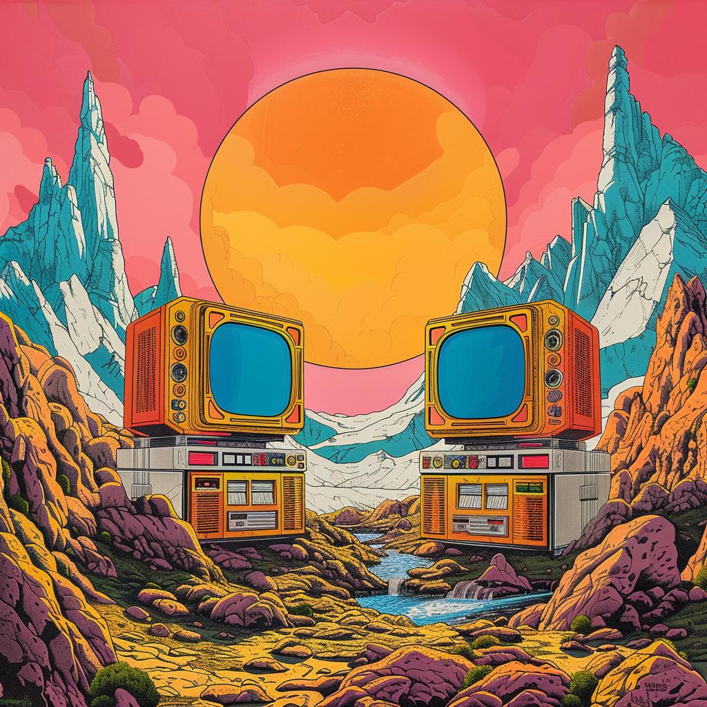 old  televisions  mountain  sun  sky  Aaron  James  Draplin  surreal  creative 960588