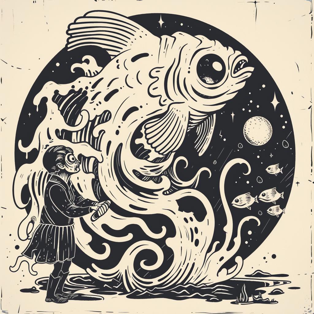 fish  water  man  illustration  black-and-white  spiritual  dark  Tan  symbolic  mythical 930805