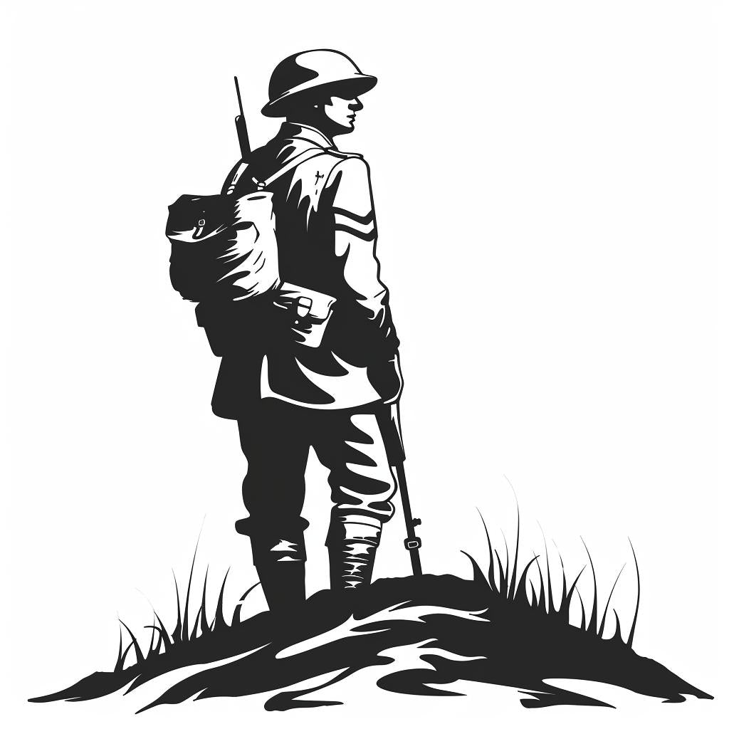 soldier  backpack  rifle  hill  vintage  icon  emblem  black  white  linocut 951999