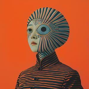 surreal  album  cover  Risograph  Symbolist  woman  headpiece  orange  background  colorful 1077785