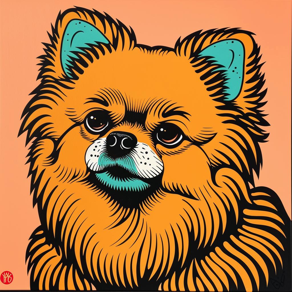 لوحة فنية نابضة بالحياة ولطيفة ورقيقة على خلفية برتقالية من كلب بوميرانيان، مرحة 973854