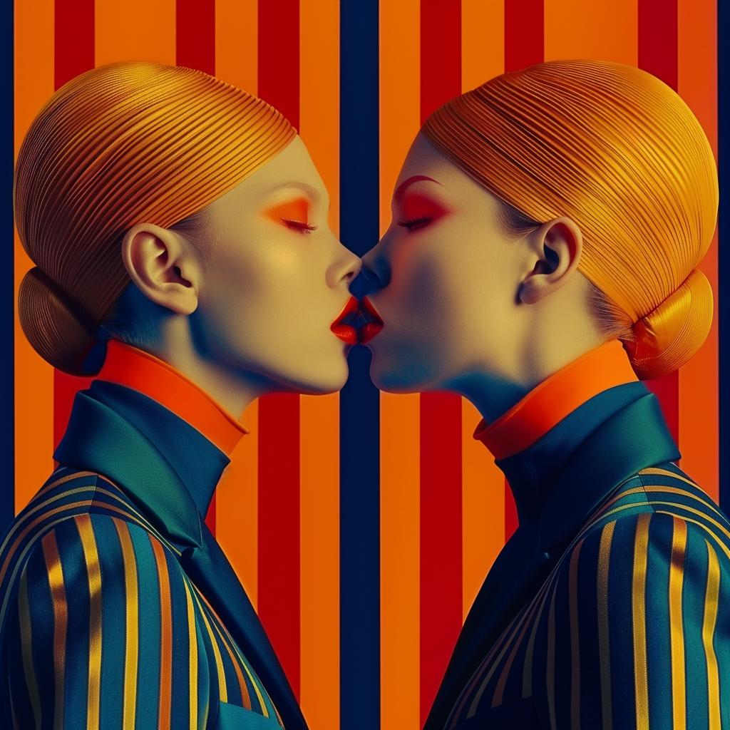 kissing  women  fashion  colorful  striped  bold  background  stylized  art  emotion 939737