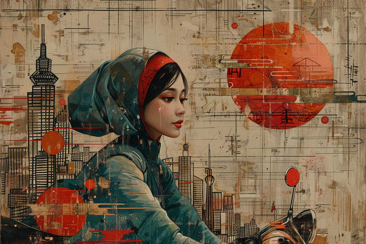 Bauhaus  woman  motorcycle  riding  Constructivism  art  pastel  red  helmet  lines 939016