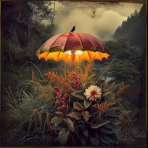 red  umbrella  flowers  bird  decorative  vibrant  playful  colorful  nature  charming 1040062