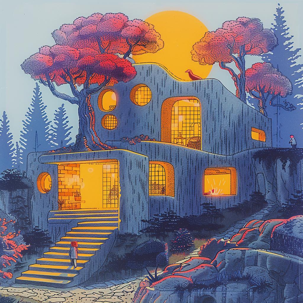 house  trees  sun  painting  landscape  nature  scenic  illustrative  artwork  environment 1015352