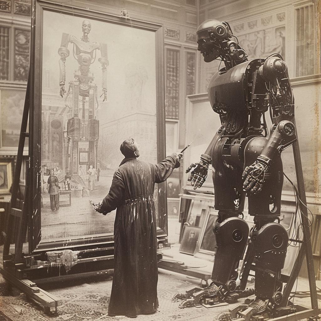 robot  Goliath  man  large  art  studio  vintage  interaction  surreal  portrait 960073