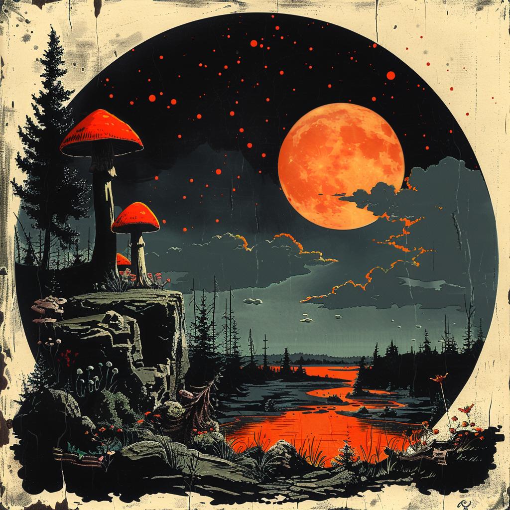 moon  mushrooms  canvas  artprint  illustration  whimsical  night  fantastical  colorful  dreamy 927342