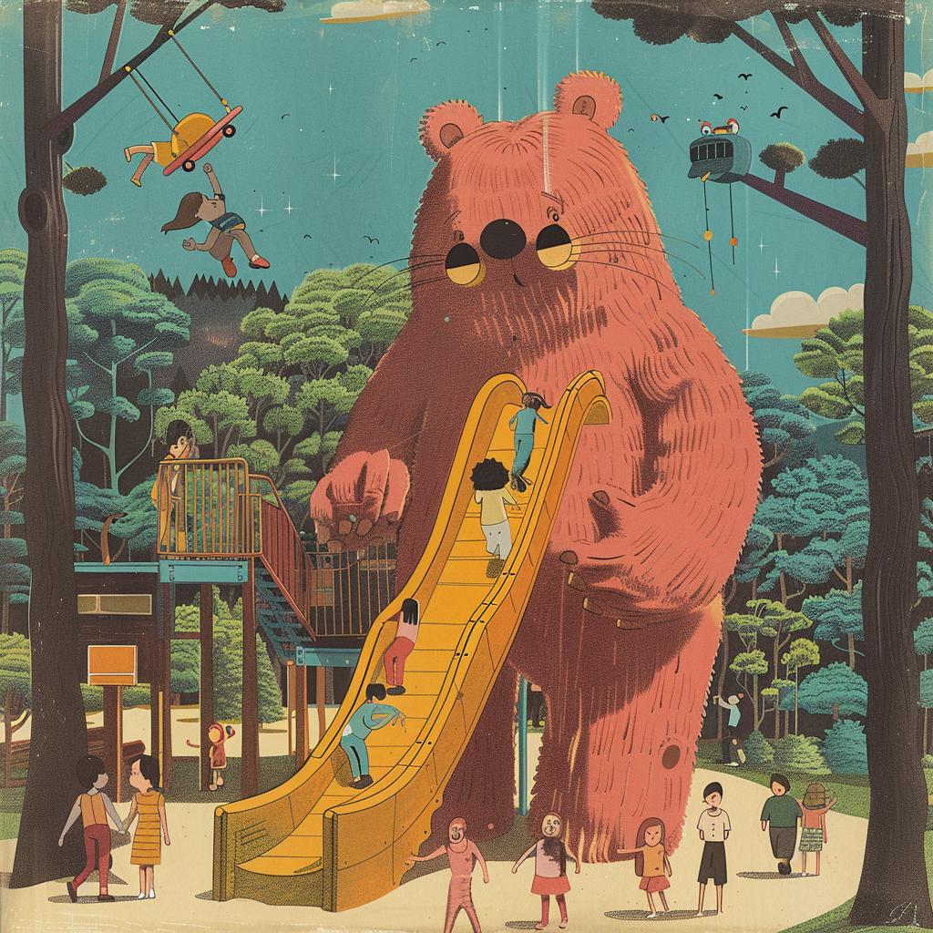 Mid-Century  playground  bear  slide  children  poster  playful  colorful  illustration  humorous 964108